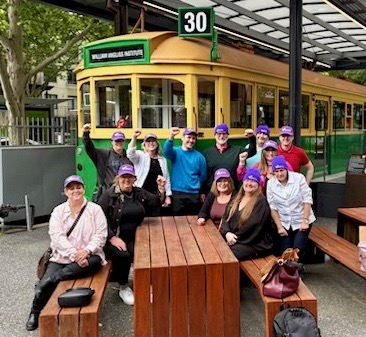 NTEU TAFE delegates celebrate the new MEA with NTEu Victorian Secretary Sarah Roberts and Organiser Janet Bourke at William Angliss.